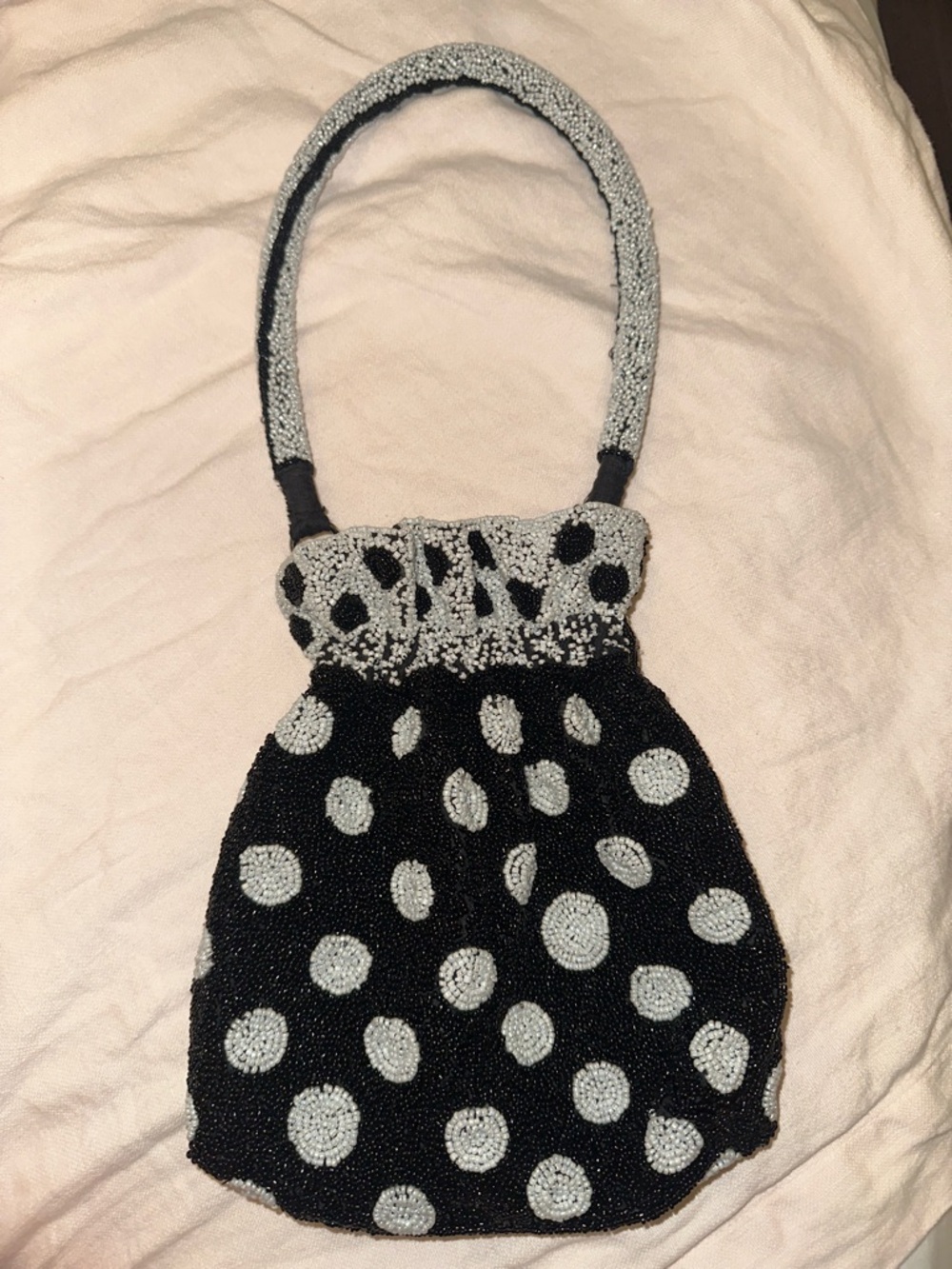 Beaded Polka Dot Handbag - Black & Cream